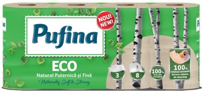 Toalettpapír, 3 rétegű, kistekercses, 8 tekercs, PUFINA "Eco", fehérítetlen és vegyszermentes
