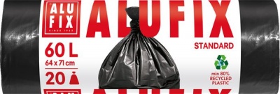 Szemeteszsák, 60 l, 20 db, 64x71 cm, 15 µ, ALUFIX, fekete